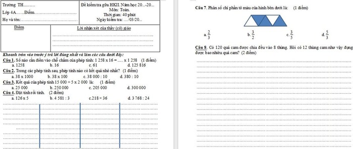 Đề thi giữa kì 2 Toán 4 Kết nối tri thức