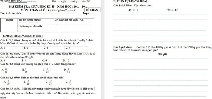 Đề thi giữa kì 2 Toán 4 Kết nối tri thức