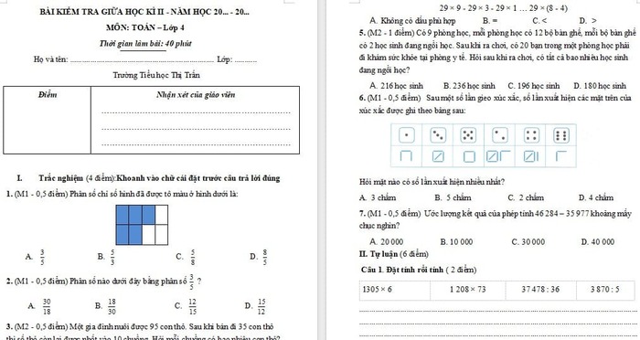 Đề thi giữa kì 2 Toán 4 Kết nối tri thức