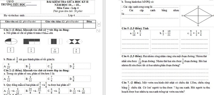 Đề thi giữa kì 2 Toán 4 Cánh Diều