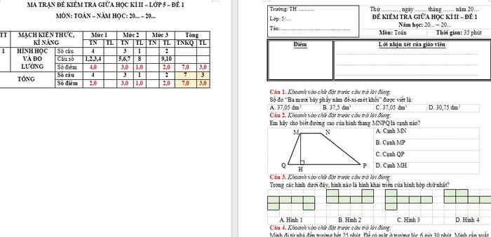 Đề thi giữa học kì 2 Toán 4 Cánh Diều