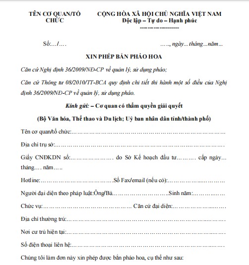 Mẫu đơn xin phép bắn pháo hoa