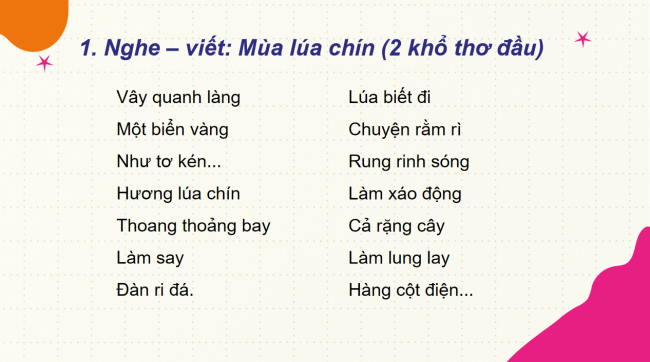 PowerPoint Tiếng Việt 2 Bài 22: Nghe - viết Mùa lúa chín, Chữ hoa S