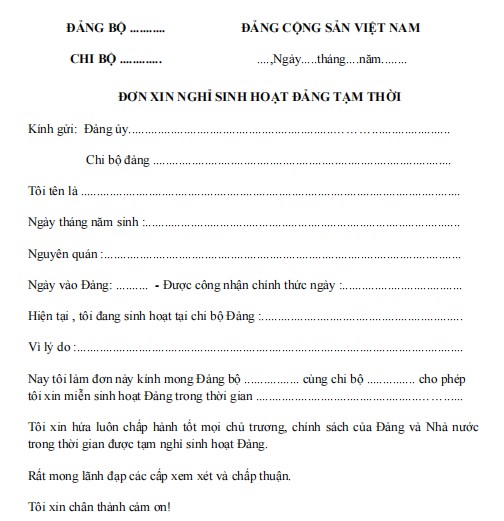 Mẫu đơn xin miễn sinh hoạt Đảng tạm thời