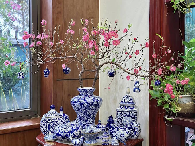 Cành đào nở rực rỡ trong nhà ngày Tết