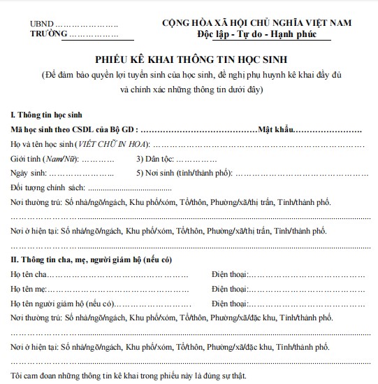 Phiếu kê khai thông tin học sinh