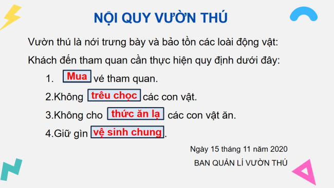 PowerPoint Tiếng Việt 2 Bài 26: Nội quy vườn thú