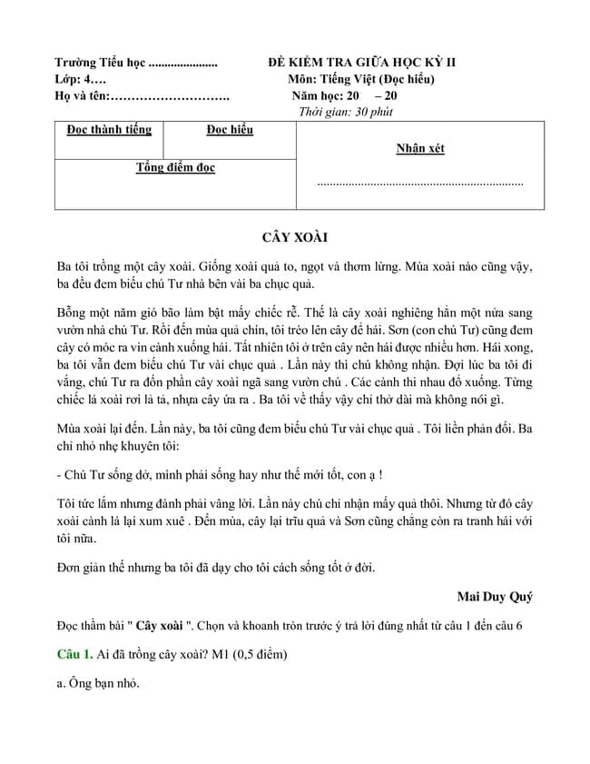 Đề kiểm tra đọc hiểu Tiếng Việt lớp 4 sách Cánh Diều giữa học kì 2