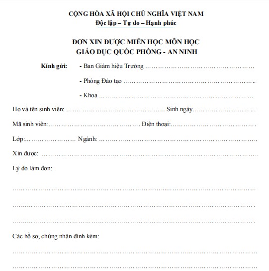 Mẫu đơn xin miễn giáo dục quốc phòng
