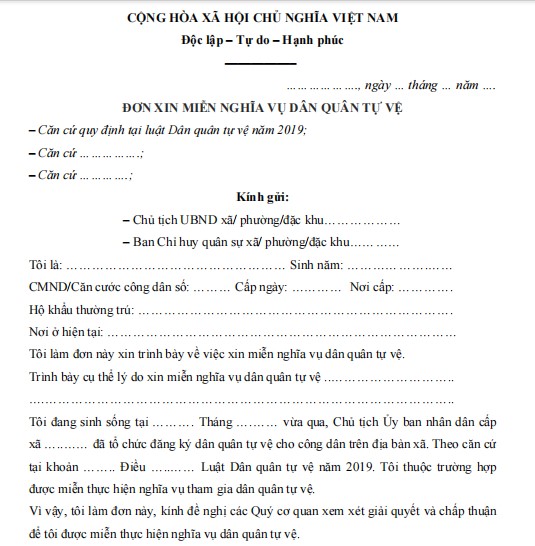 Mẫu đơn xin miễn nghĩa vụ dân quân tự vệ