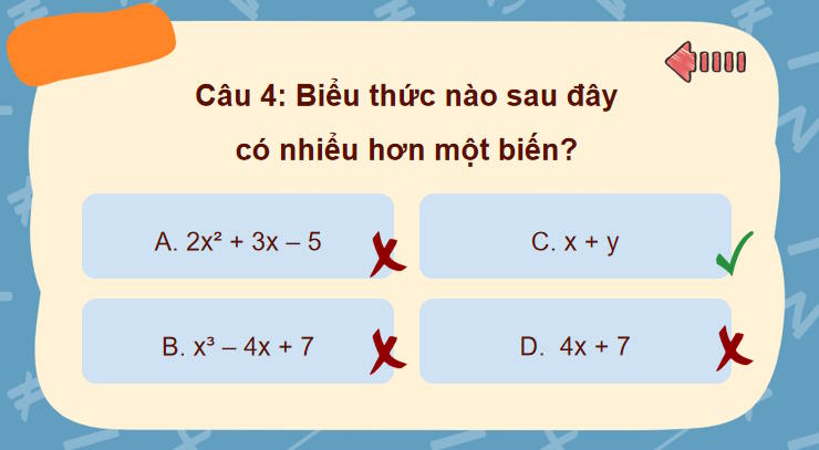 Trò chơi khởi động Toán 7: Đa thức một biến