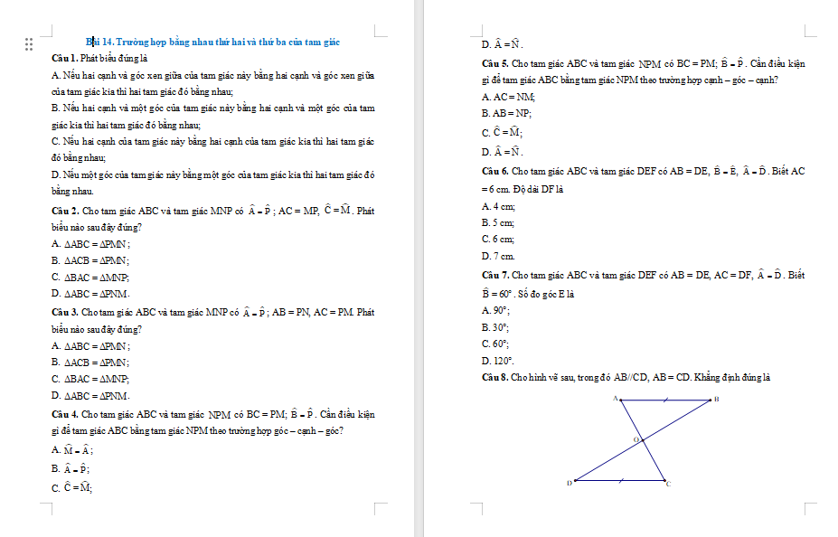 Bài tập Toán 7 Bài 14 Trường hợp bằng nhau thứ hai và thứ ba của tam giác