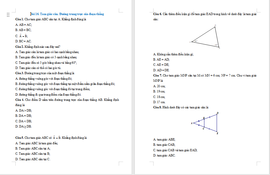 Bài tập Toán 7 Bài 16 Tam giác cân Đường trung trực của đoạn thẳng