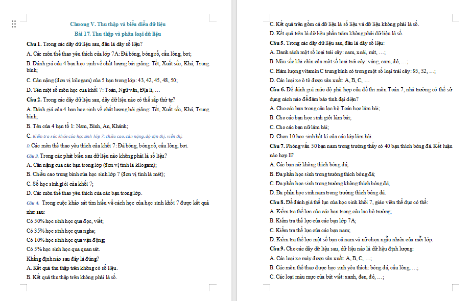 Bài tập Toán 7 Bài 17 Thu thập và phân loại dữ liệu