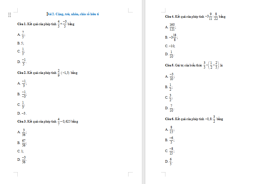 Bài tập Toán 7 Bài 2 Tập hợp các số hữu tỉ