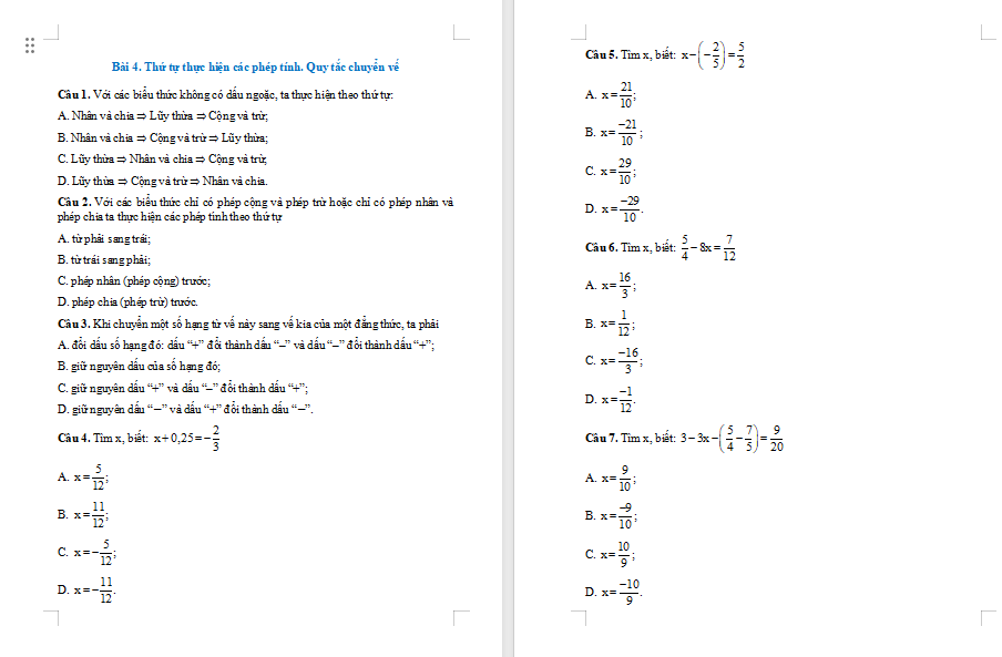 Bài tập Toán 7 Bài 4 Tập hợp các số hữu tỉ