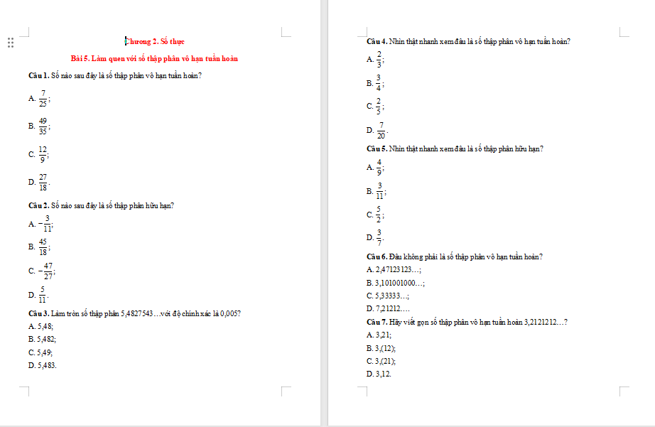 Bài tập Toán 7 Bài 5 Tập hợp các số hữu tỉ