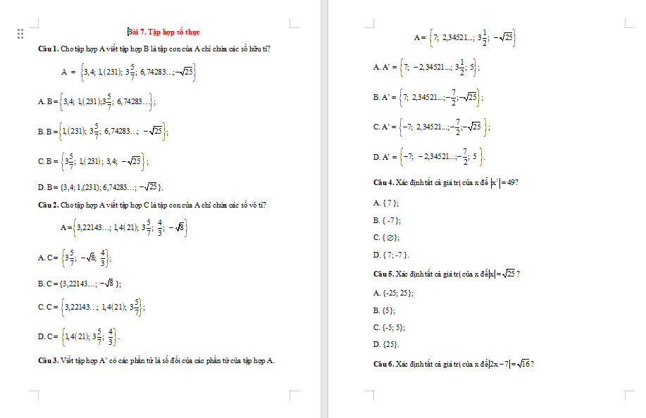 Bài tập Toán 7 Bài 7 Tập hợp các số hữu tỉ