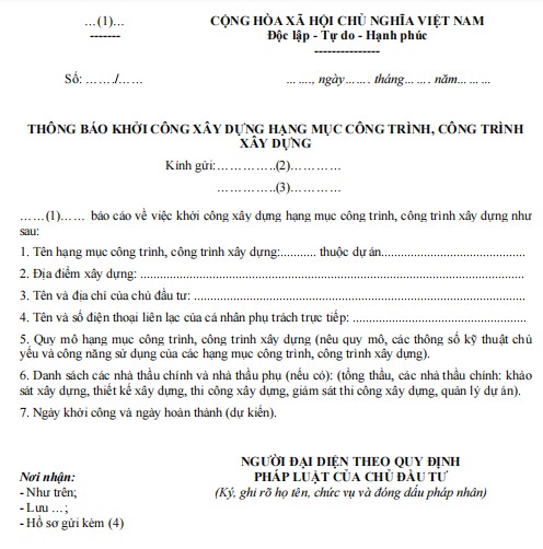 Mẫu thông báo khởi công xây dựng công trình 