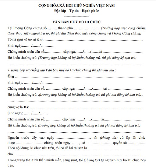 Mẫu văn bản hủy bỏ Di chúc