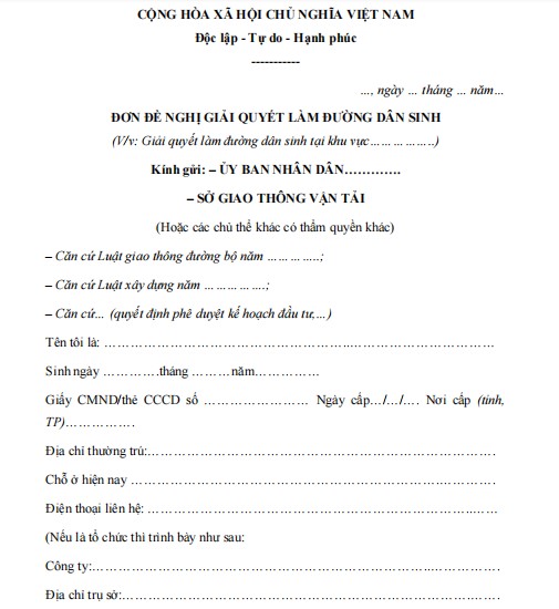 Mẫu đơn đề nghị giải quyết làm đường dân sinh