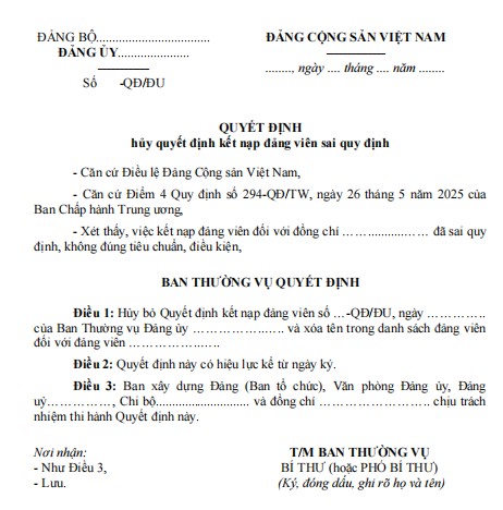 Mẫu 3A-HKN: Quyết định hủy quyết định kết nạp đảng viên sai quy định, không đúng tiêu chuẩn, điều kiện
