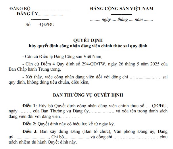Mẫu 3B-HKN: Quyết định hủy quyết định kết nạp lại đảng viên sai quy định, không đúng tiêu chuẩn, điều kiện
