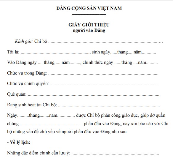 Mẫu giấy giới thiệu người vào Đảng