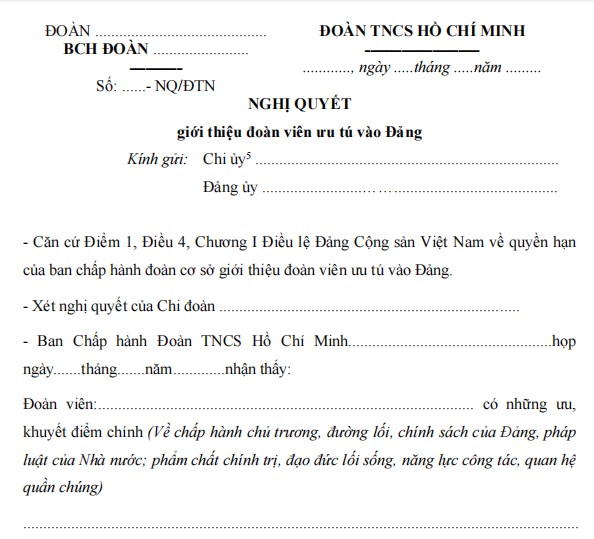 Mẫu Nghị quyết giới thiệu đoàn viên ưu tú vào Đảng