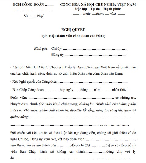 Mẫu 4A - KNĐ: Nghị quyết giới thiệu đoàn viên công đoàn vào đảng của BCH Công đoàn cơ sở