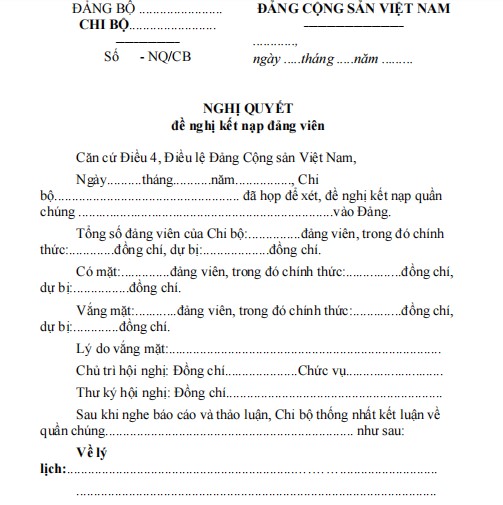 Mẫu 6-KNĐ: Nghị quyết đề nghị kết nạp Đảng viên