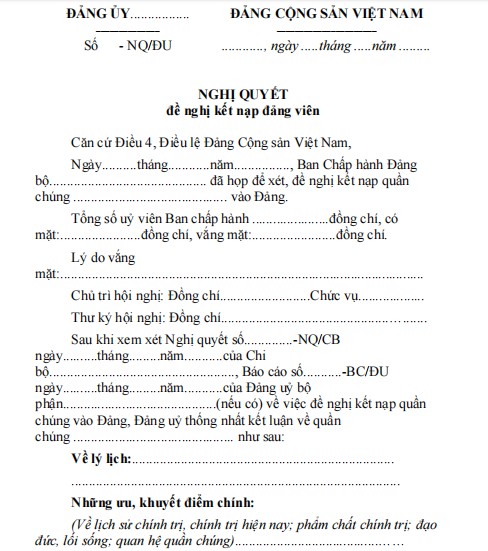 Mẫu 8-KNĐ: Nghị quyết đề nghị kết nạp Đảng viên