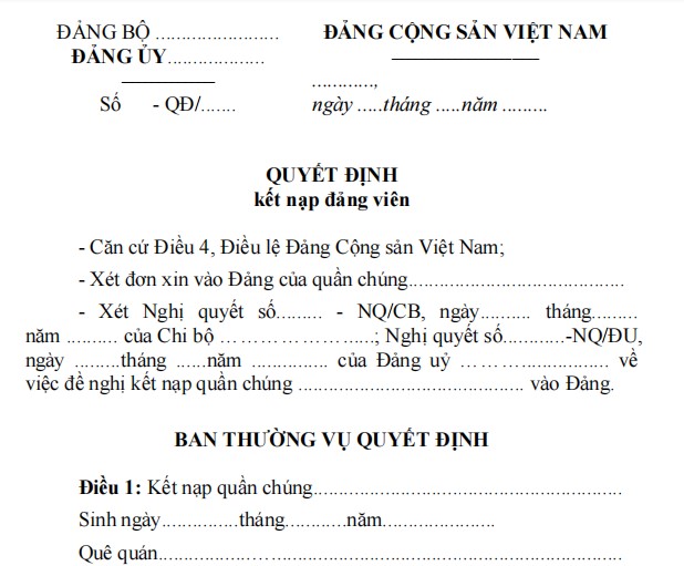 Mẫu 9-KNĐ: Quyết định kết nạp Đảng viên