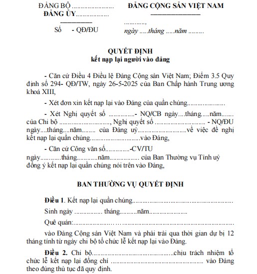 Mẫu 9A-KNĐ: Quyết định kết nạp lại Đảng viên