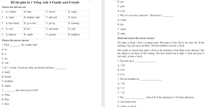 Đề thi giữa kì 2 Tiếng Anh 4 Family and Friend