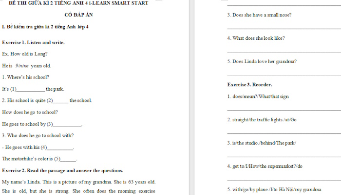 Đề thi giữa kì 2 Tiếng Anh 4 I Learn Smart Start