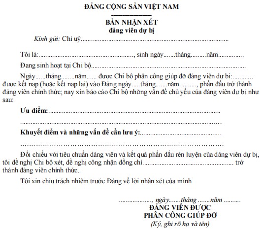 Bản nhận xét đảng viên dự bị của đảng viên được phân công giúp đỡ Mẫu 11-KNĐ