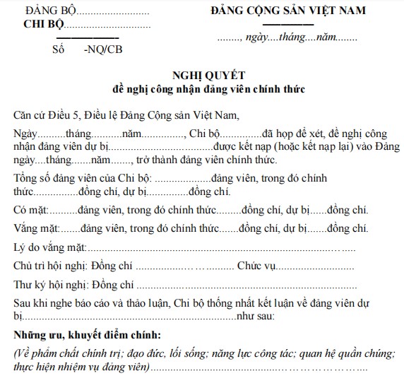 Nghị quyết chuyển đảng chính thức của Chi bộ