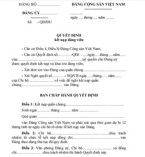 Mẫu 9B-KNĐ: Quyết định kết nạp đảng viên của đảng ủy cơ sở được ủy quyền