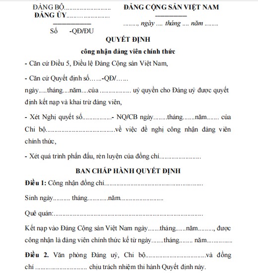 Mẫu 16A-KNĐ: Quyết định công nhận đảng viên chính thức