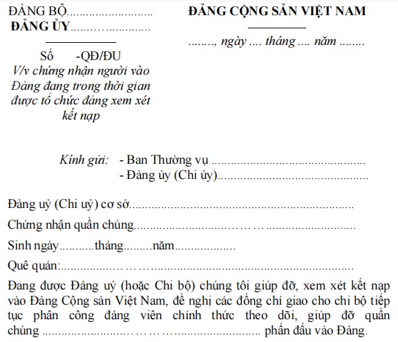 Mẫu 17-KNĐ: Giấy chứng nhận người vào Đảng trong thời gian tổ chức đảng xem xét kết nạp