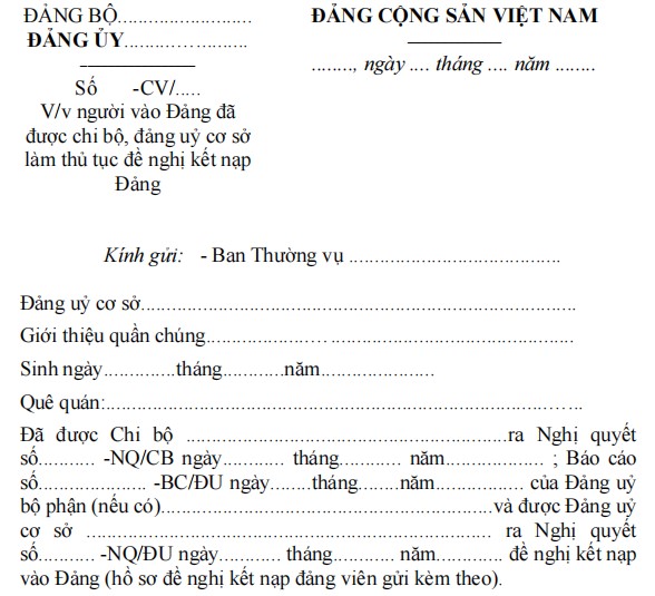 Mẫu 17A-KNĐ: Công văn giới thiệu người vào đảng đã được chi bộ làm thủ tục kết nạp Đảng