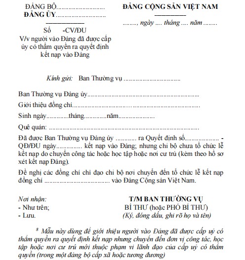Mẫu 17C-KNĐ: Công văn giới thiệu người vào Đảng