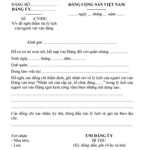 Mẫu 20-KNĐ: Công văn đề nghị thẩm tra lý lịch của người xin vào Đảng