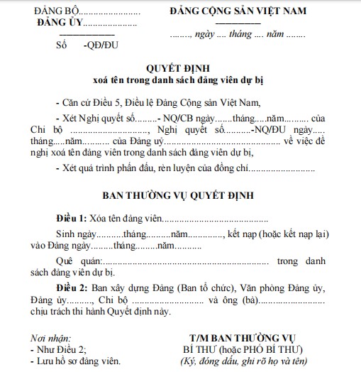 Mẫu 21-XTĐV: Mẫu quyết định xóa tên đảng viên trong danh sách đảng viên dự bị 