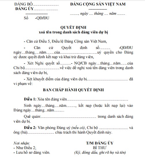 Mẫu 21A-XTĐV: Quyết định xóa tên đảng viên dự bị của đảng ủy cơ sở được ủy quyền