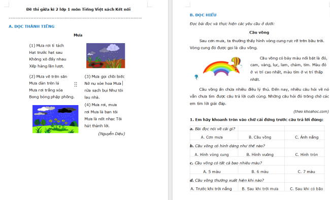 Đề thi giữa học kì 2 môn Tiếng Việt lớp 1 Kết nối tri thức