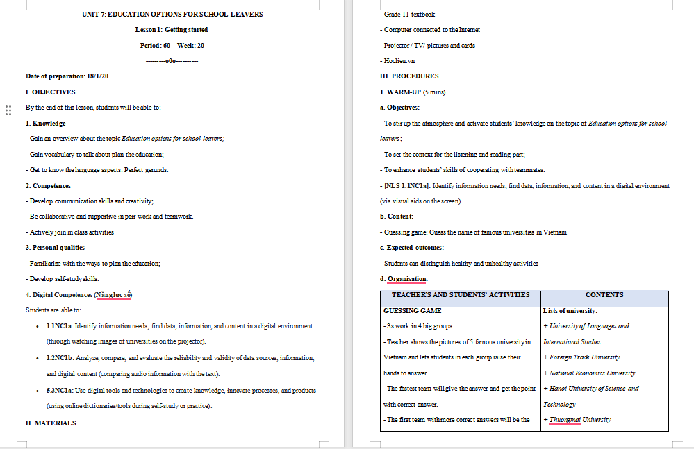 Giáo án tích hợp năng lực số tiếng Anh 11 