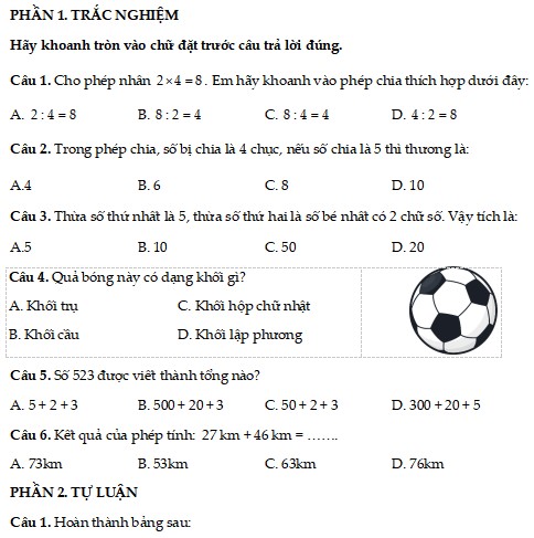 Đề thi giữa kì 2 Toán lớp 2 Kết nối tri thức