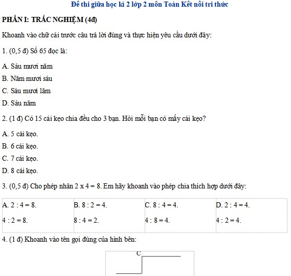 Đề thi giữa kì 2 lớp 2 môn Toán sách Kết nối tri thức